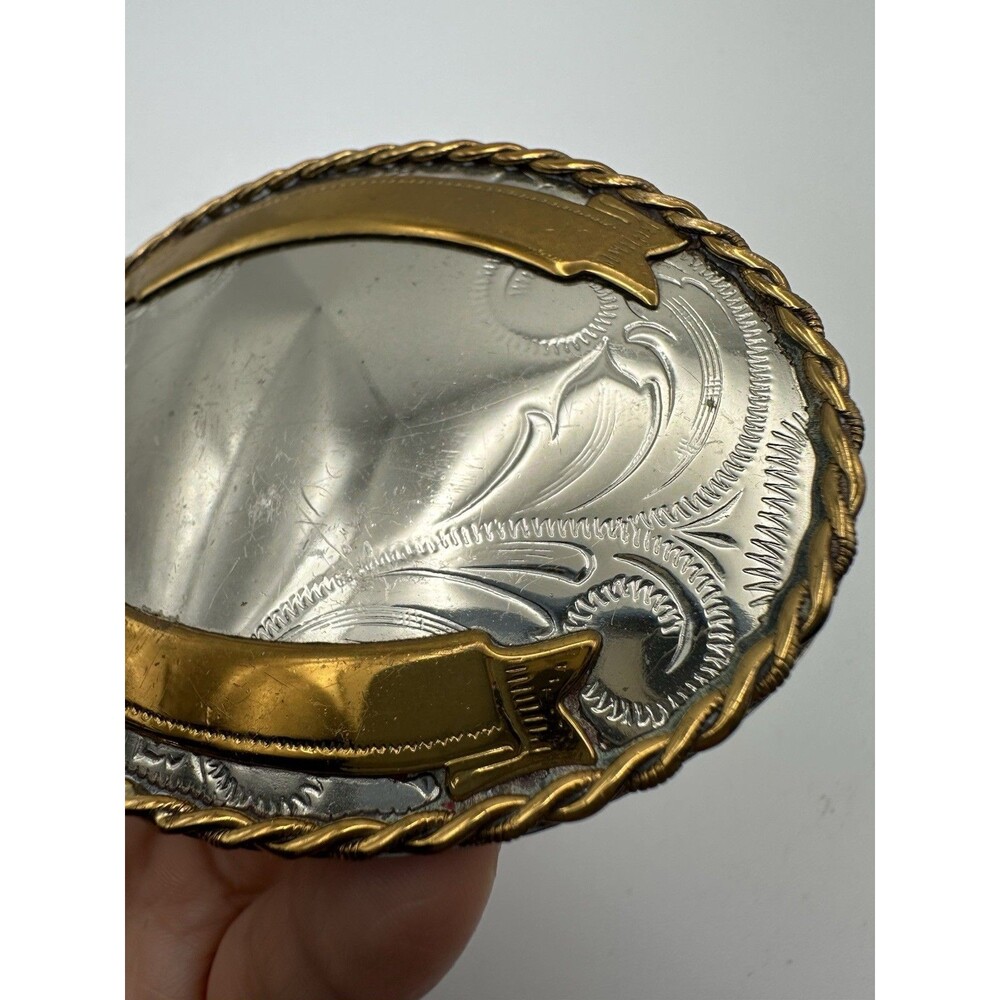 Vintage Western Cowboy Ornate Belt Buckle German Silver 2 Tone Oval - Picture 3 of 4